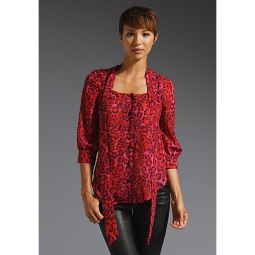 NWOT Smythe Blouse Red Leopard Tie Neck Short Sleeve Medium